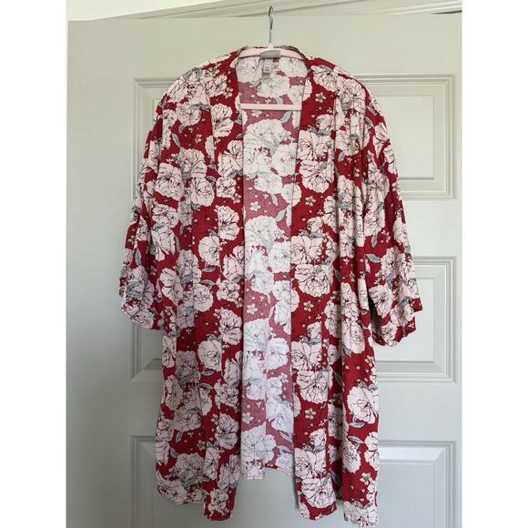 3 for $9 Knox Rose Women's Red Floral Boho 3/4 Sleeve Open Front Kimono M/L - Picture 3 of 5
